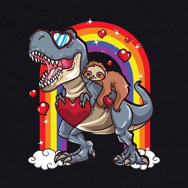 Sloth Riding Dinosaur T-Rex Red Hearts Dino Rainbow by Alinutzi